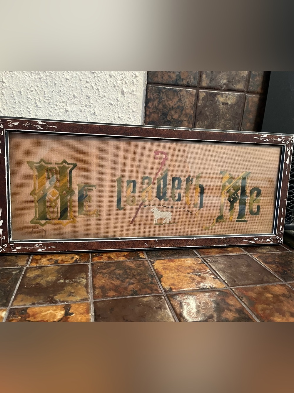 Antique Victorian framed perforated punch paper “He leadeth me” needlework art